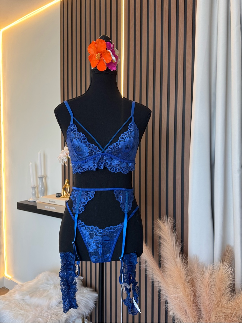 Blue Lace Bralette & Garter Set - Women Intimates